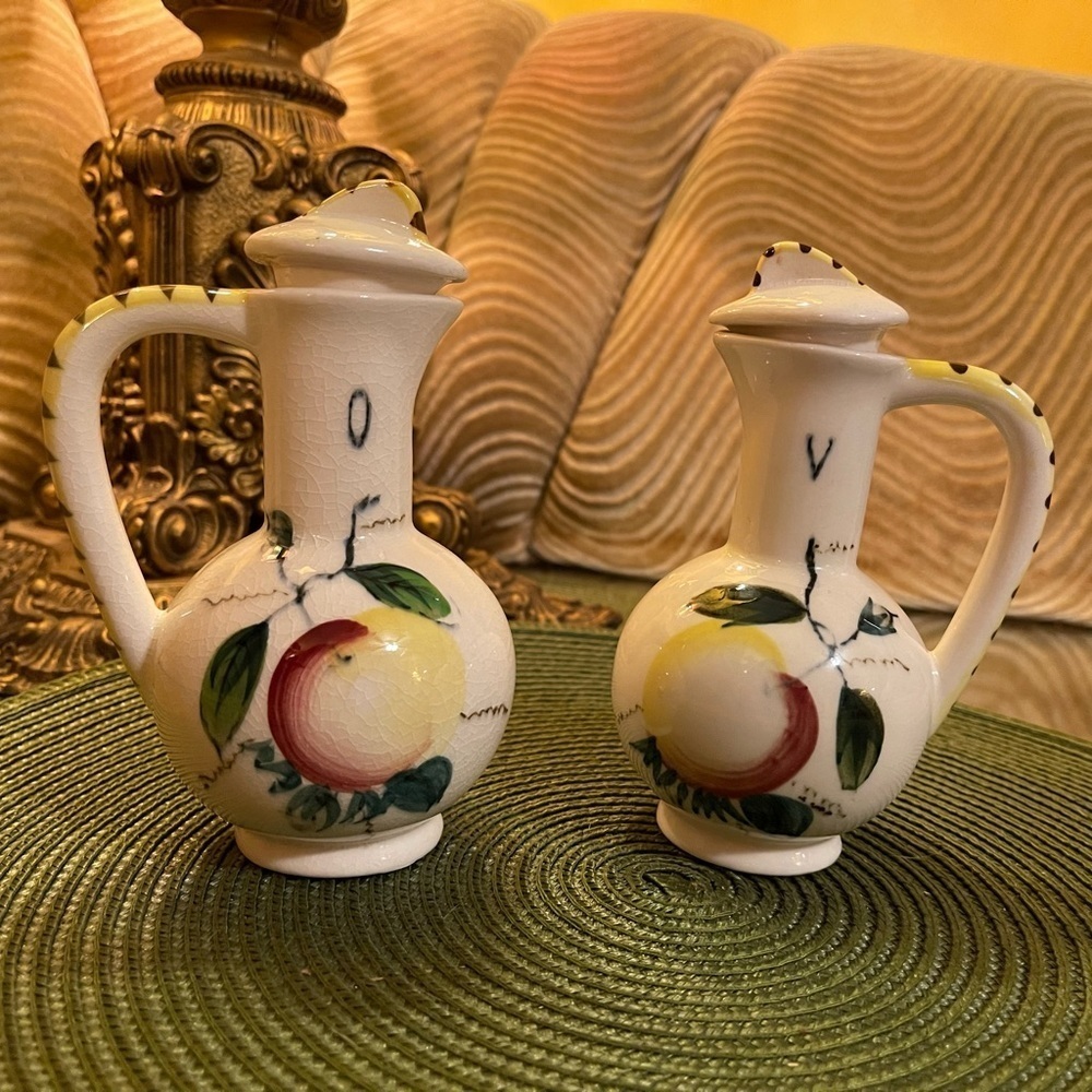 Antique Vintage Ceramic Porcelain Hand Painted Set 2 Oil Vinegar Handled Cruets